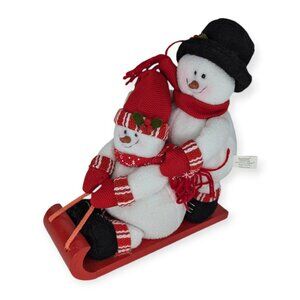 2007 Burton & Burton Sledding Snowmen Plush Pair on Wooden Sleigh